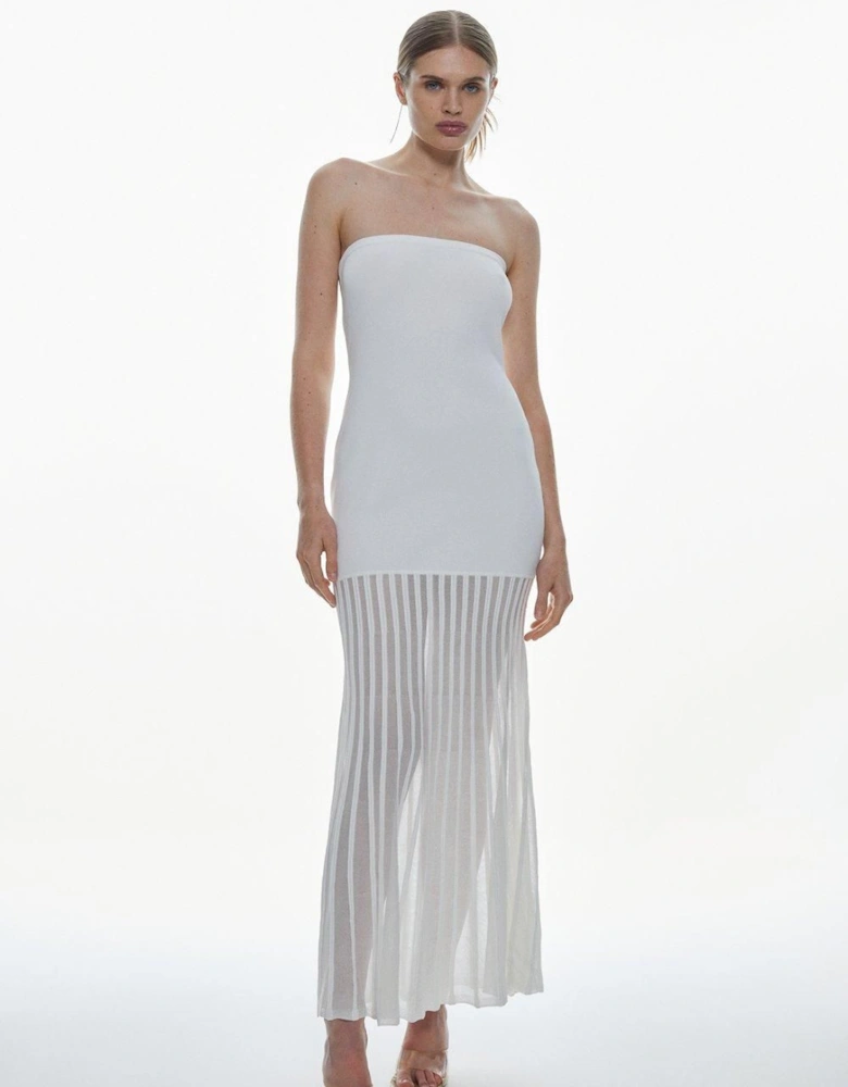 Viscose Blend Sheer Knit Bandeau Pleated Skirt Maxi Dress