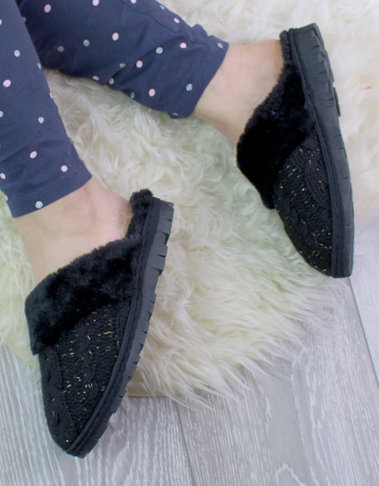 Heel Glitter Cable Knit Faux Fur Lined  Slippers