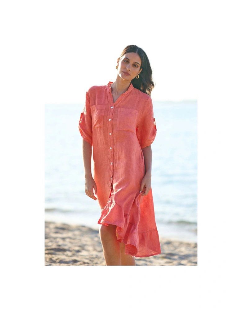 Coral Italian Linen Shirt Dress With Frill Hem