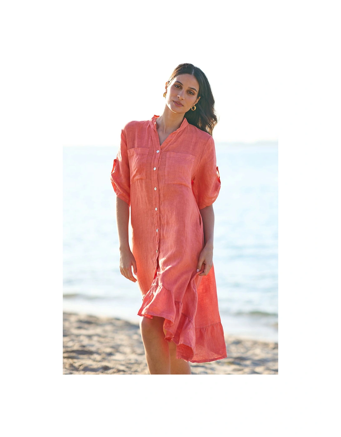 Coral Italian Linen Shirt Dress With Frill Hem, 2 of 1