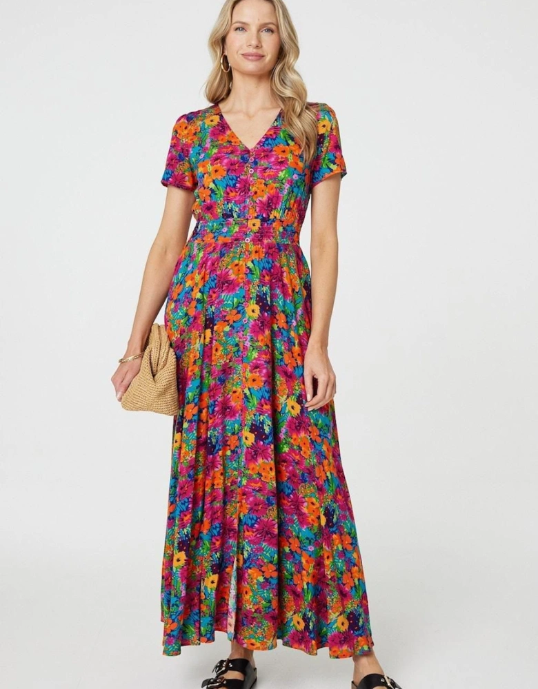 Floral V-Neck Short Sleeve Maxi Dress