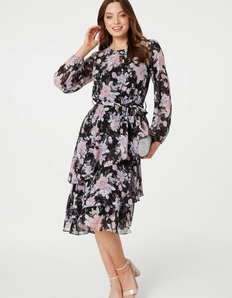 Floral Semi Sheer Layered Hem Midi Dress