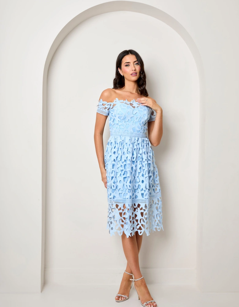 Bardot Lace Midi Crochet Dress in Blue