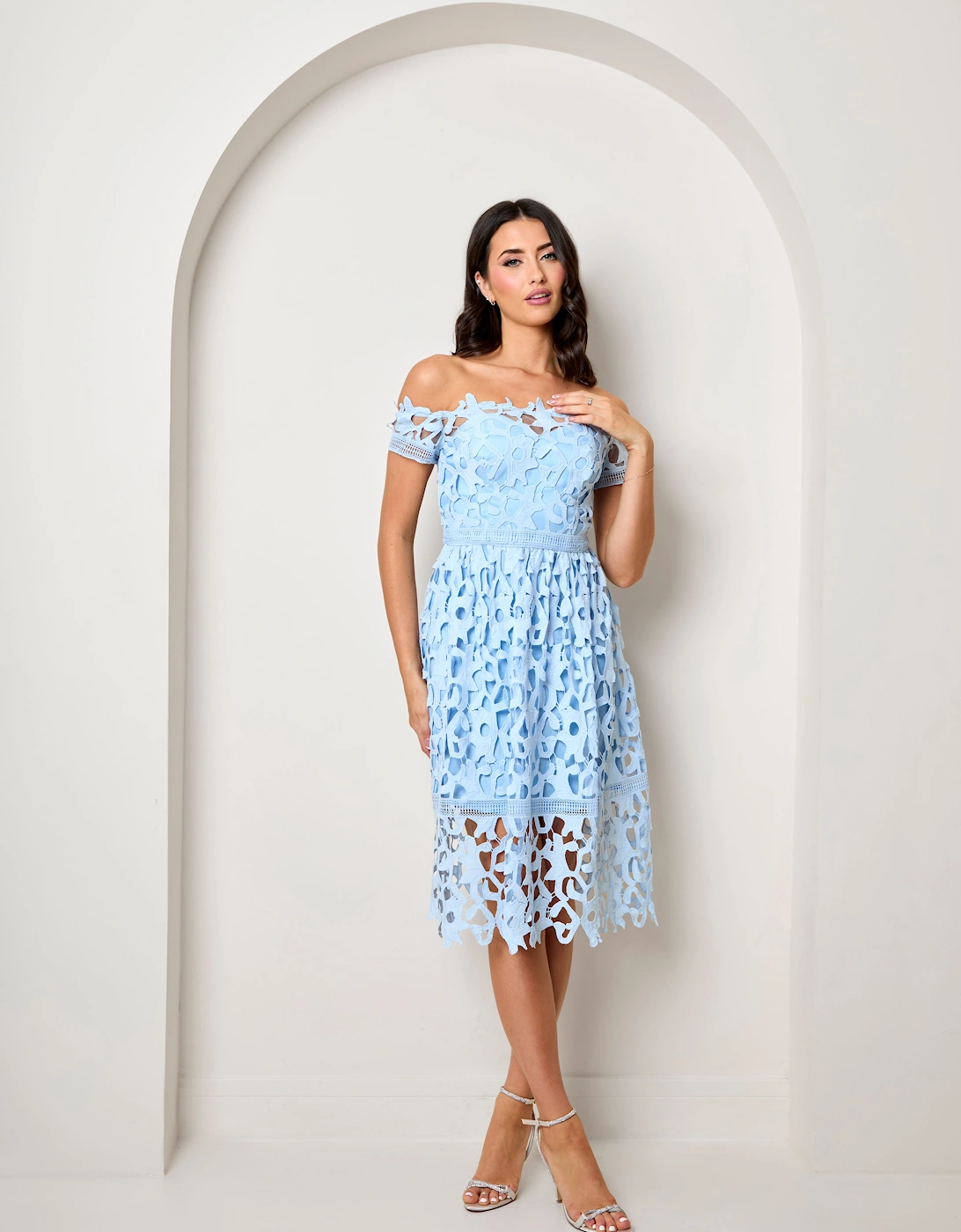 Bardot Lace Midi Crochet Dress in Blue, 2 of 1