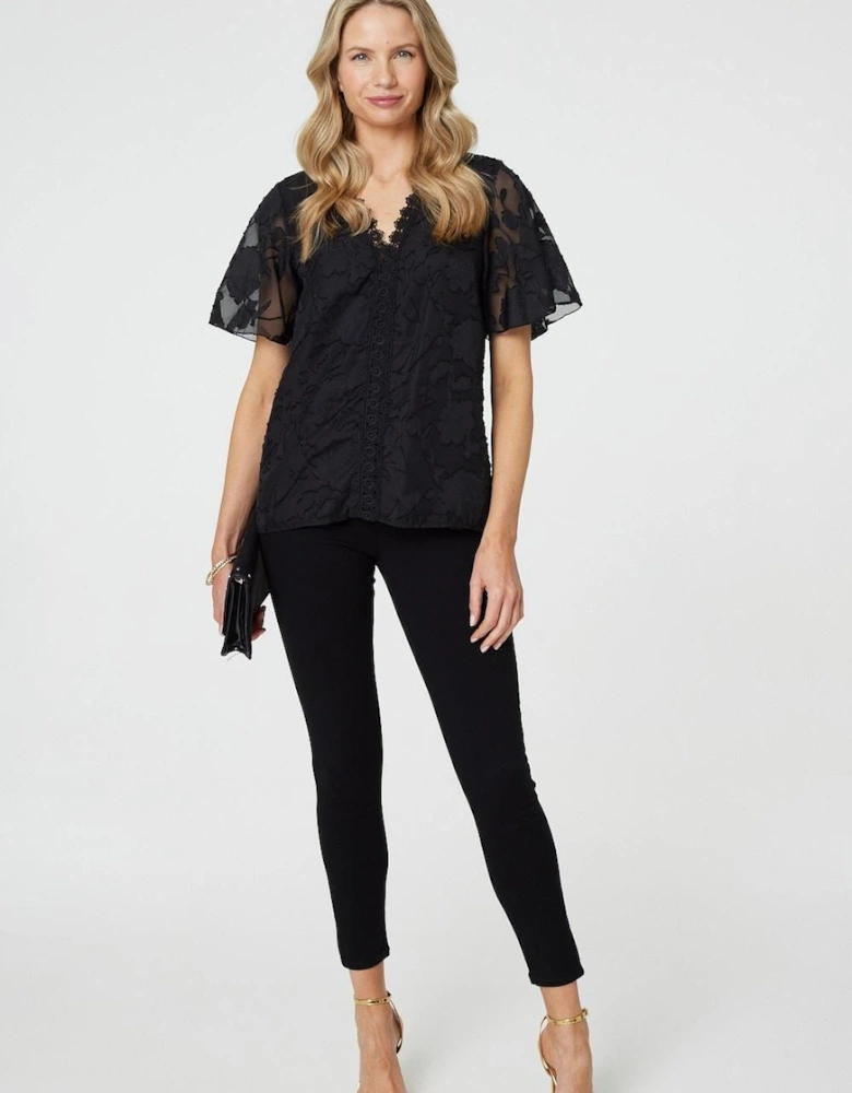 Floral Lace Detail Flared Sleeve Blouse