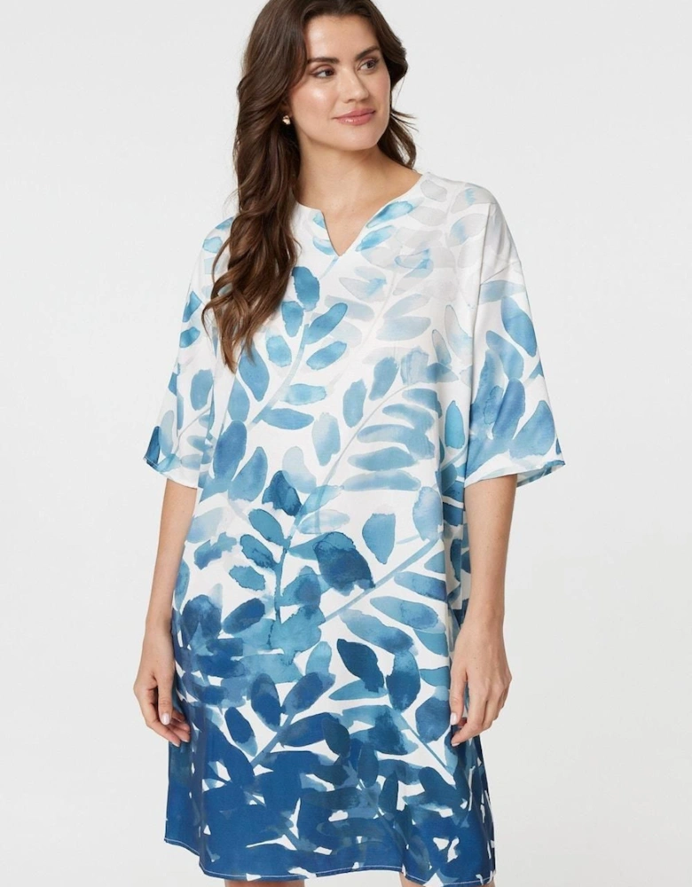 Leaf Print 3/4 Sleeve Relaxed Shift Dress