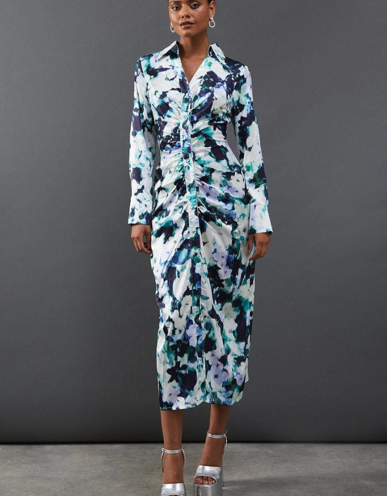 Floral Satin Ruched Front Midi Shirt Dress