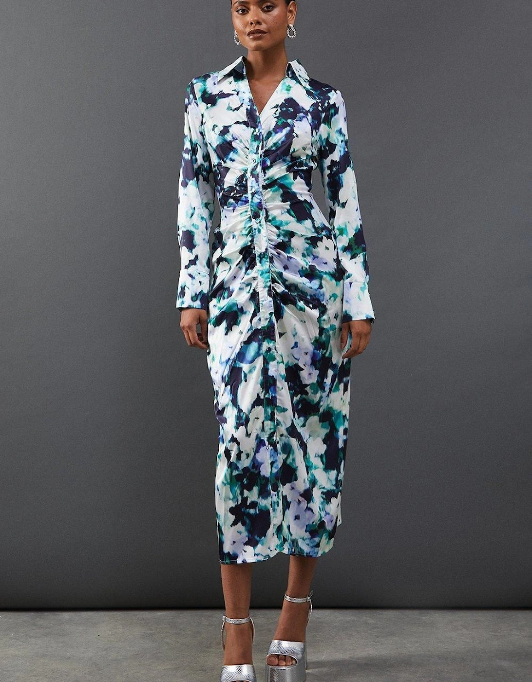 Floral Satin Ruched Front Midi Shirt Dress, 2 of 1
