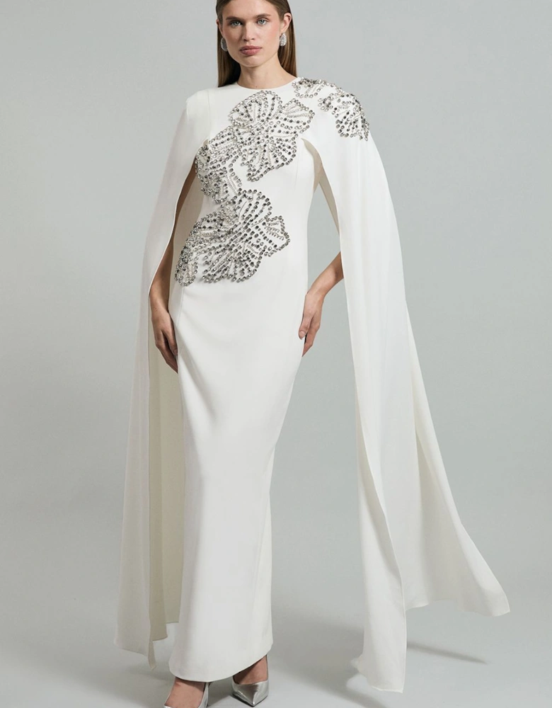 Petite Placed Floral Crystal Embellished Tailored Drama Cape Maxi Dress