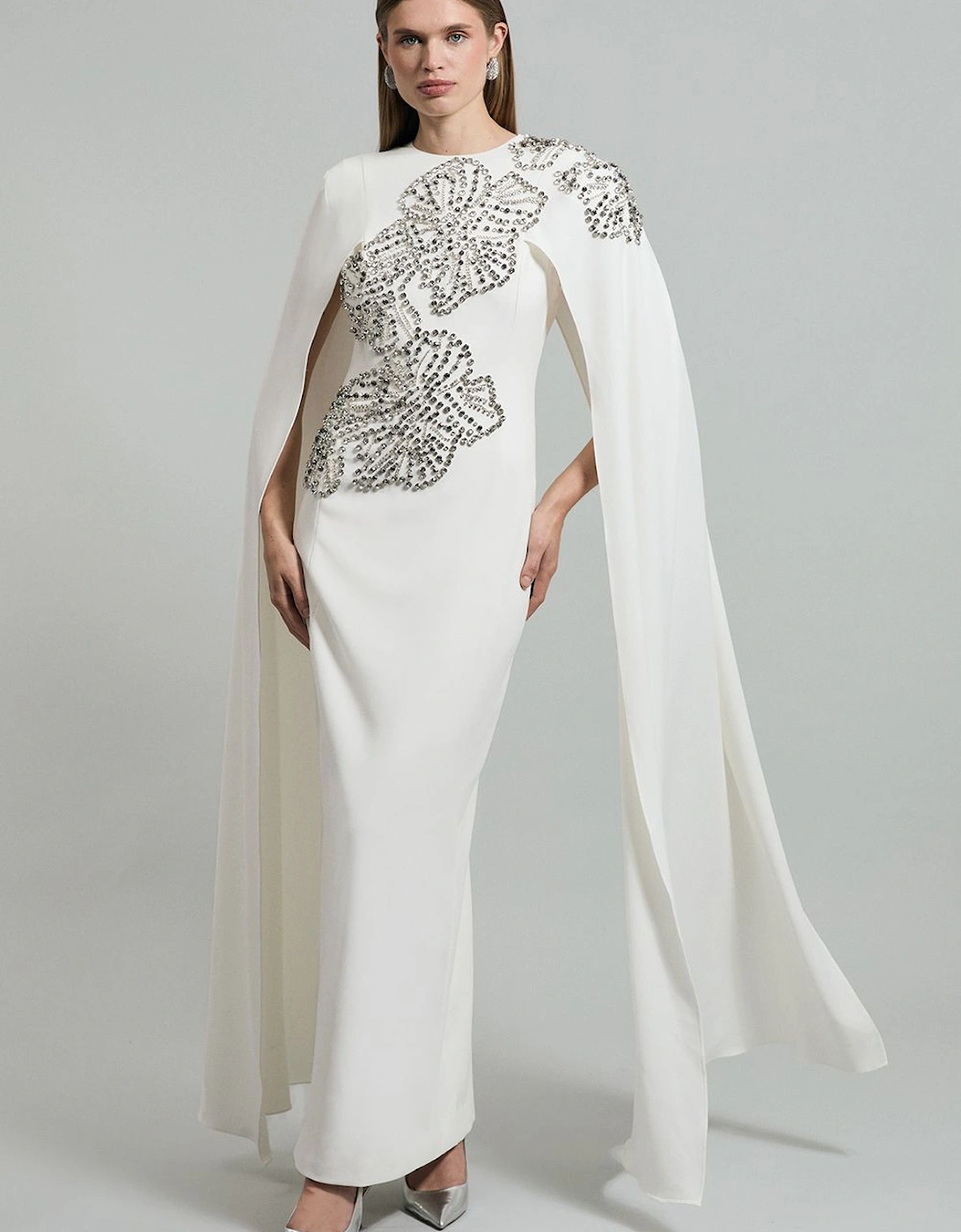 Petite Placed Floral Crystal Embellished Tailored Drama Cape Maxi Dress, 2 of 1