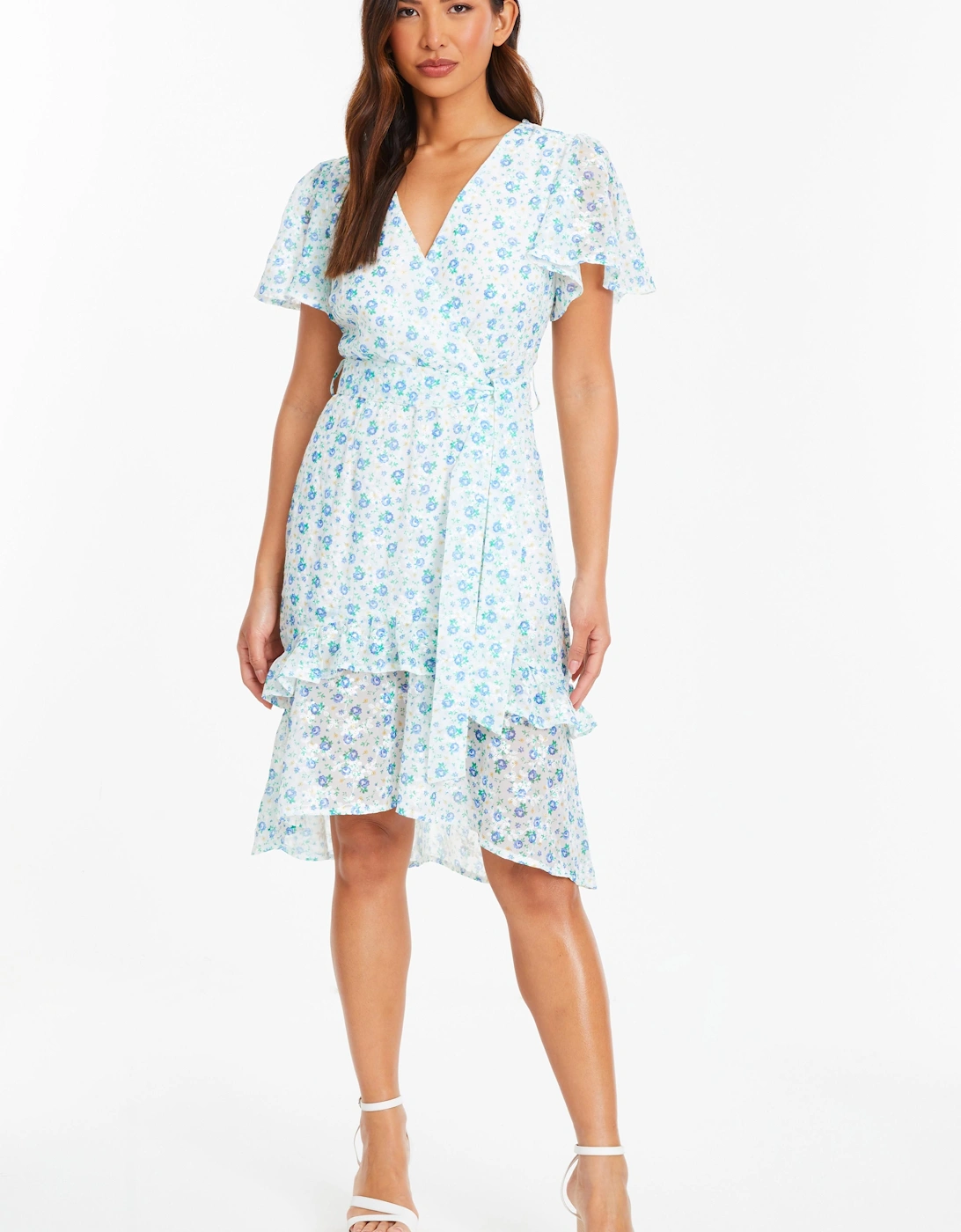 White Ditsy Print Chiffon Wrap Midi Dress, 2 of 1