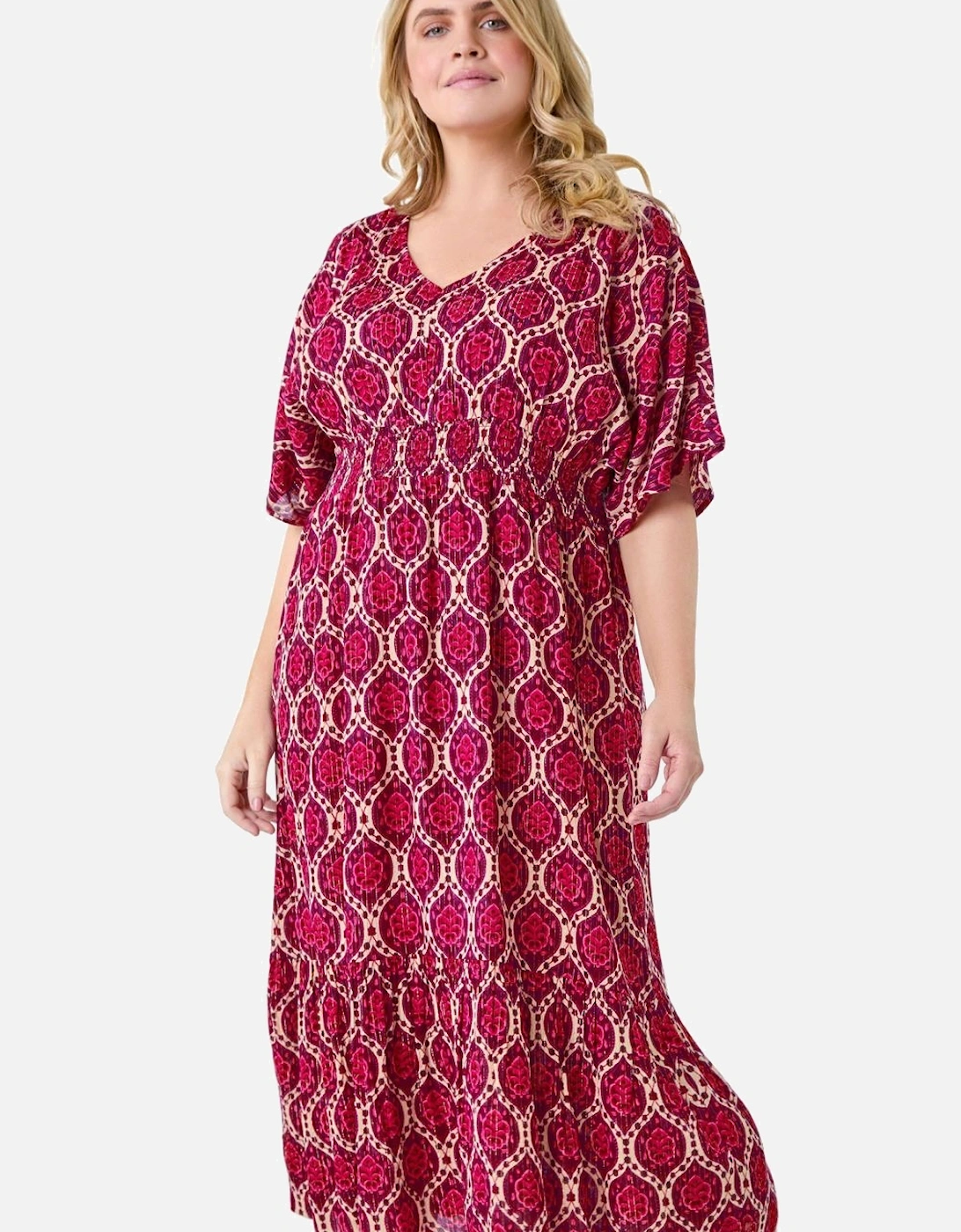 Curve Geo Shimmer Stripe Shirred Midi Dress, 2 of 1