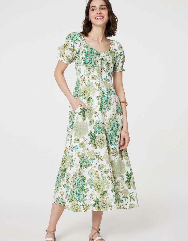 Floral Tie-Front Short Sleeve Midi Dress