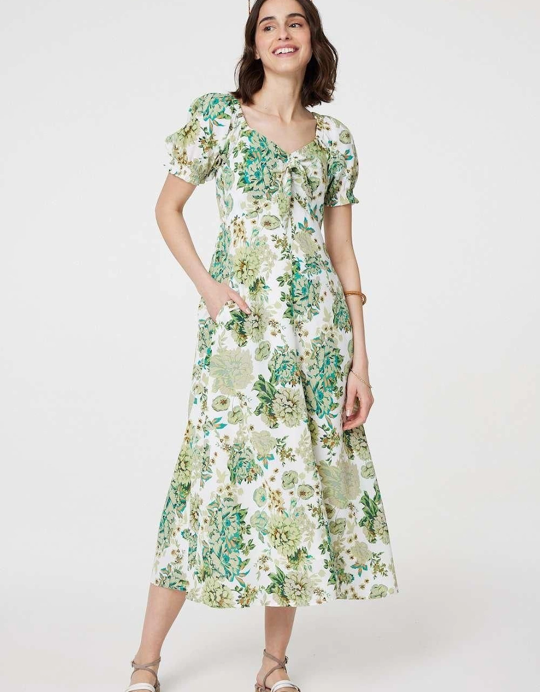 Floral Tie-Front Short Sleeve Midi Dress, 2 of 1