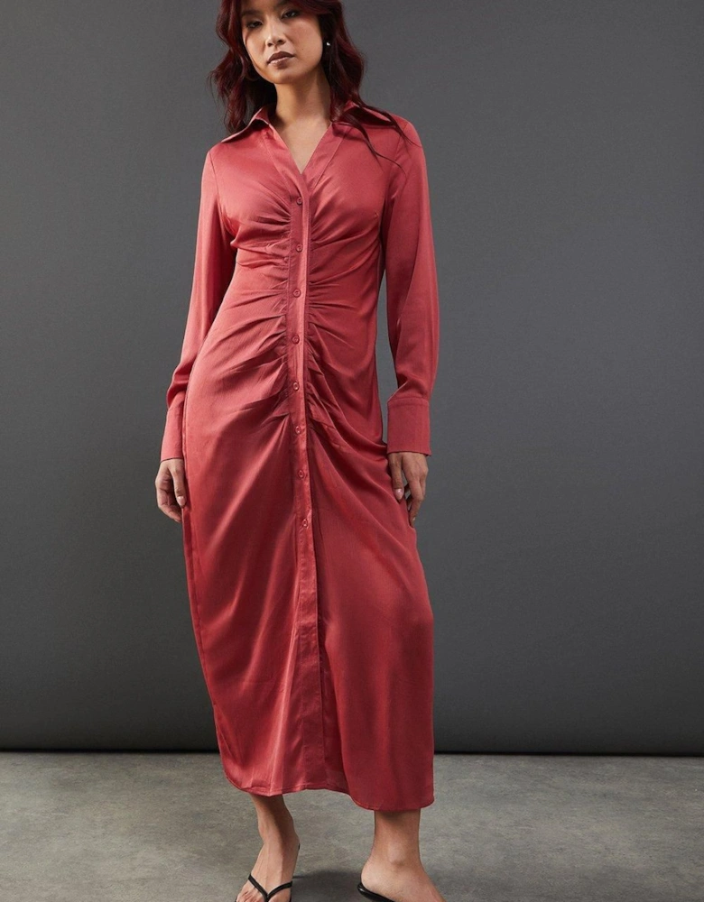 Satin Ruched Front Midi Shirt Dress