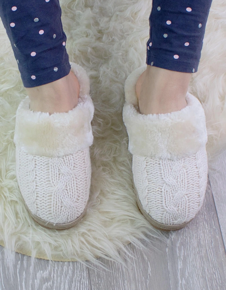Heel Glitter Cable Knit Faux Fur Lined  Slippers
