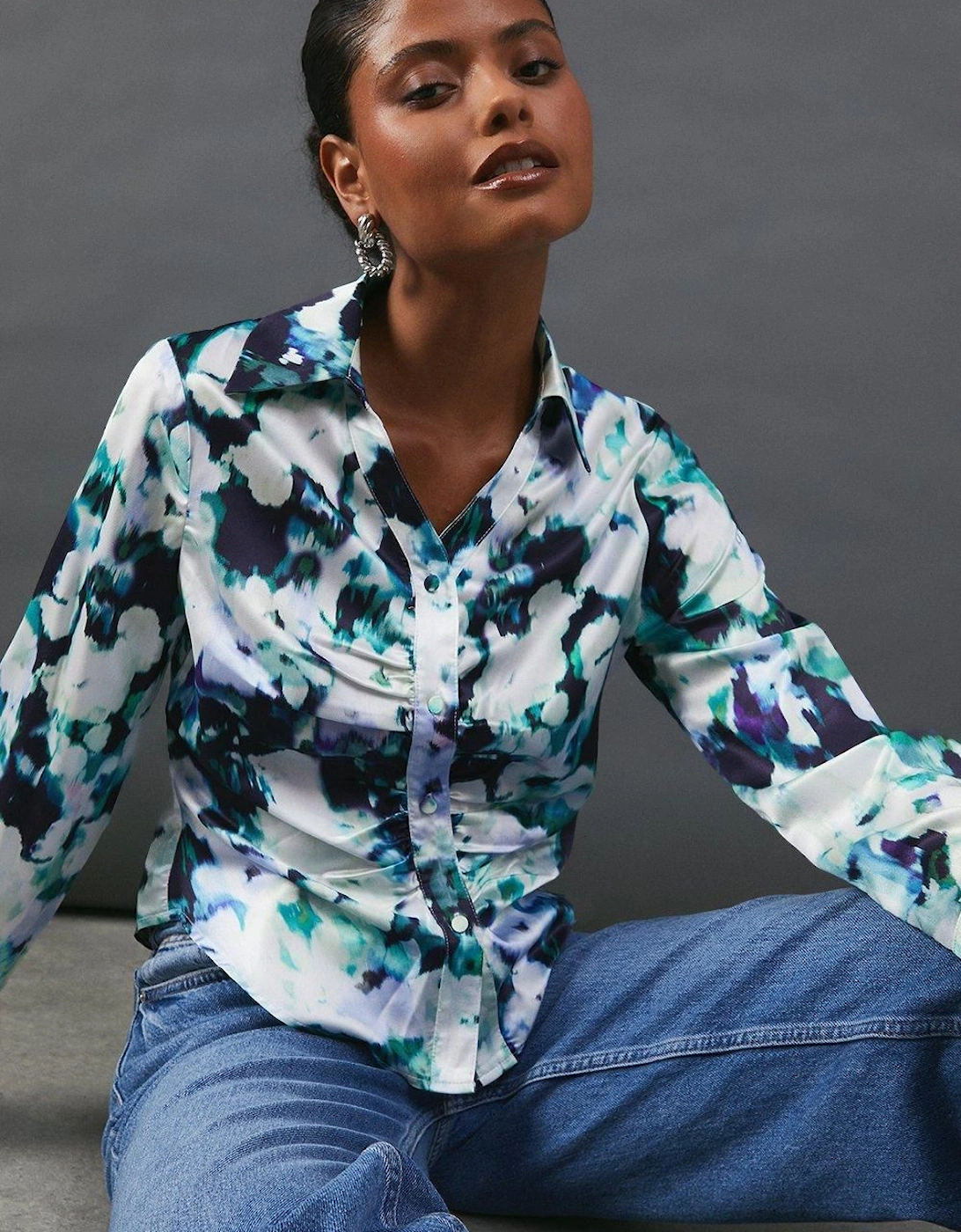 Floral Satin Ruched Front Shirt, 2 of 1
