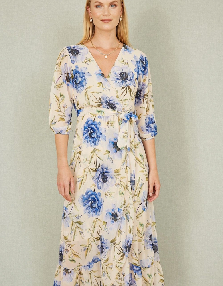 Cream Vintage Floral Wrap Midi Dress With Frill