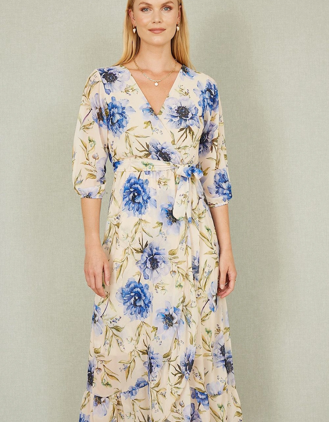 Cream Vintage Floral Wrap Midi Dress With Frill, 2 of 1