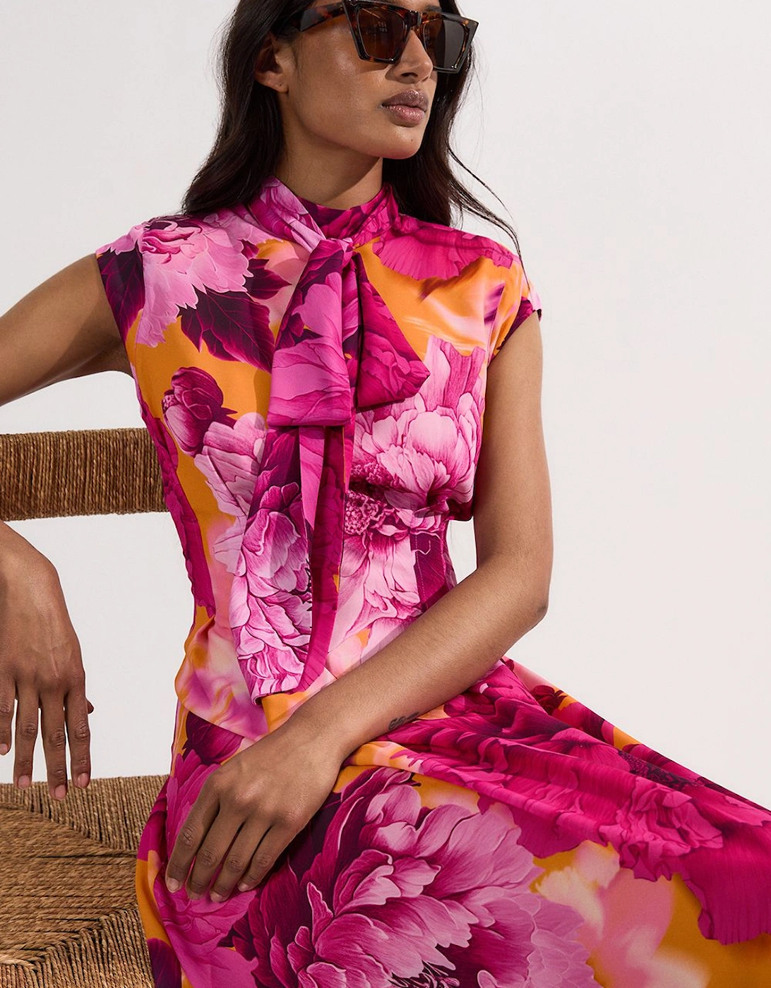 Floral Tie Neck Woven Midi Dress, 2 of 1