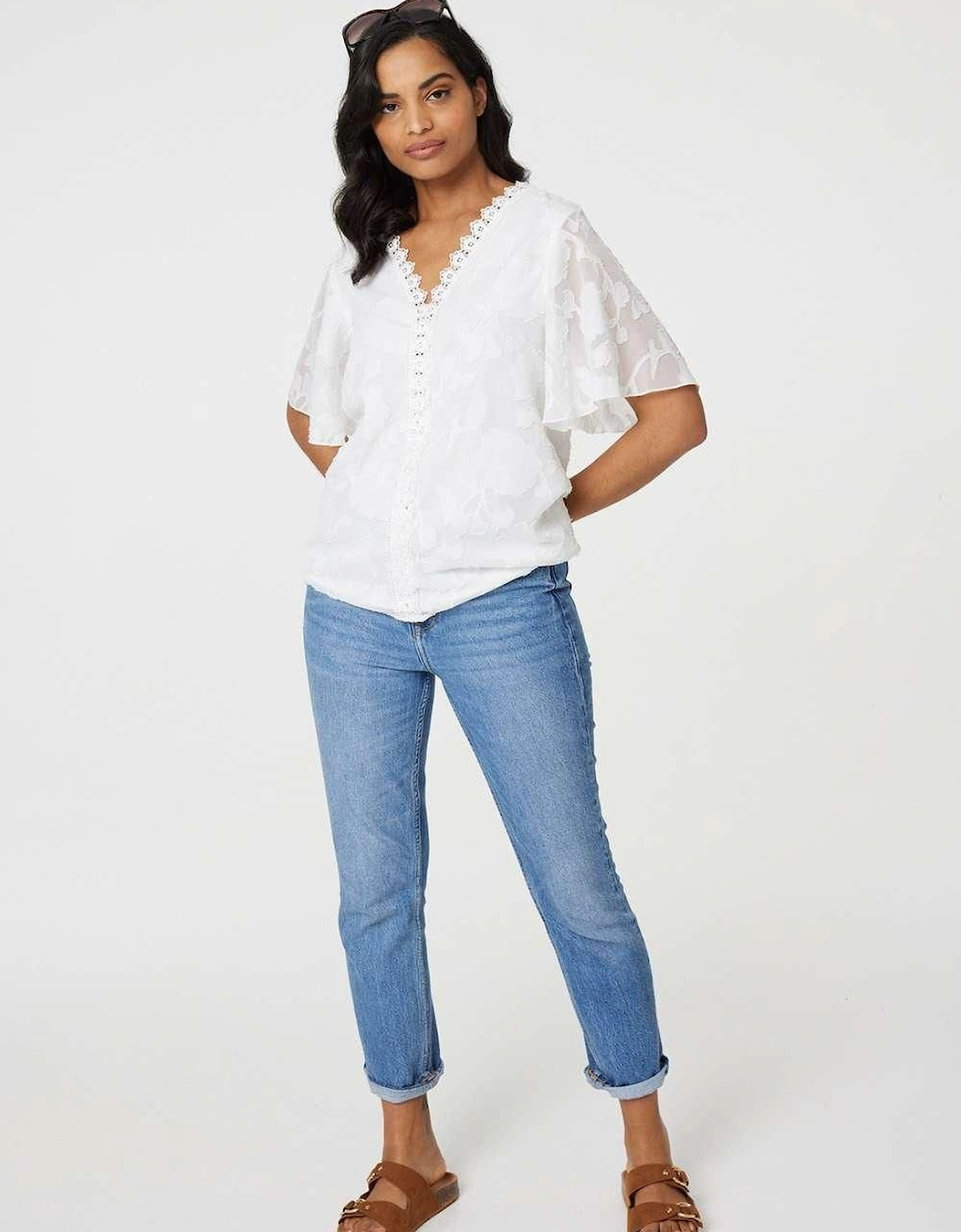 Floral Lace Detail Flared Sleeve Blouse, 2 of 1