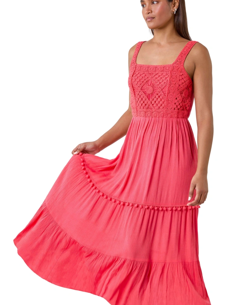 Crochet Detail Cotton Blend Maxi Dress