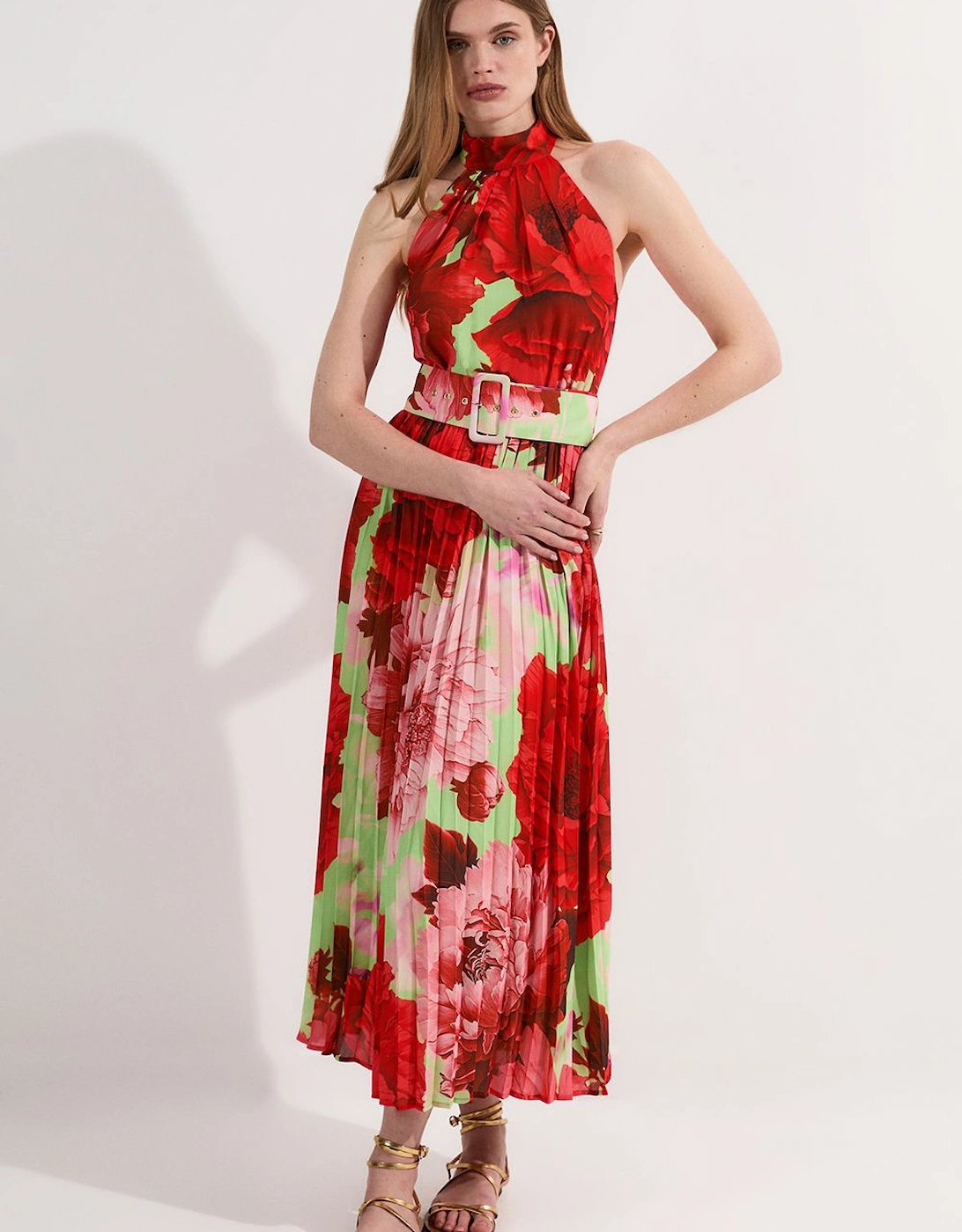 Floral Georgette Halter Neck Pleated Midi Dress, 2 of 1