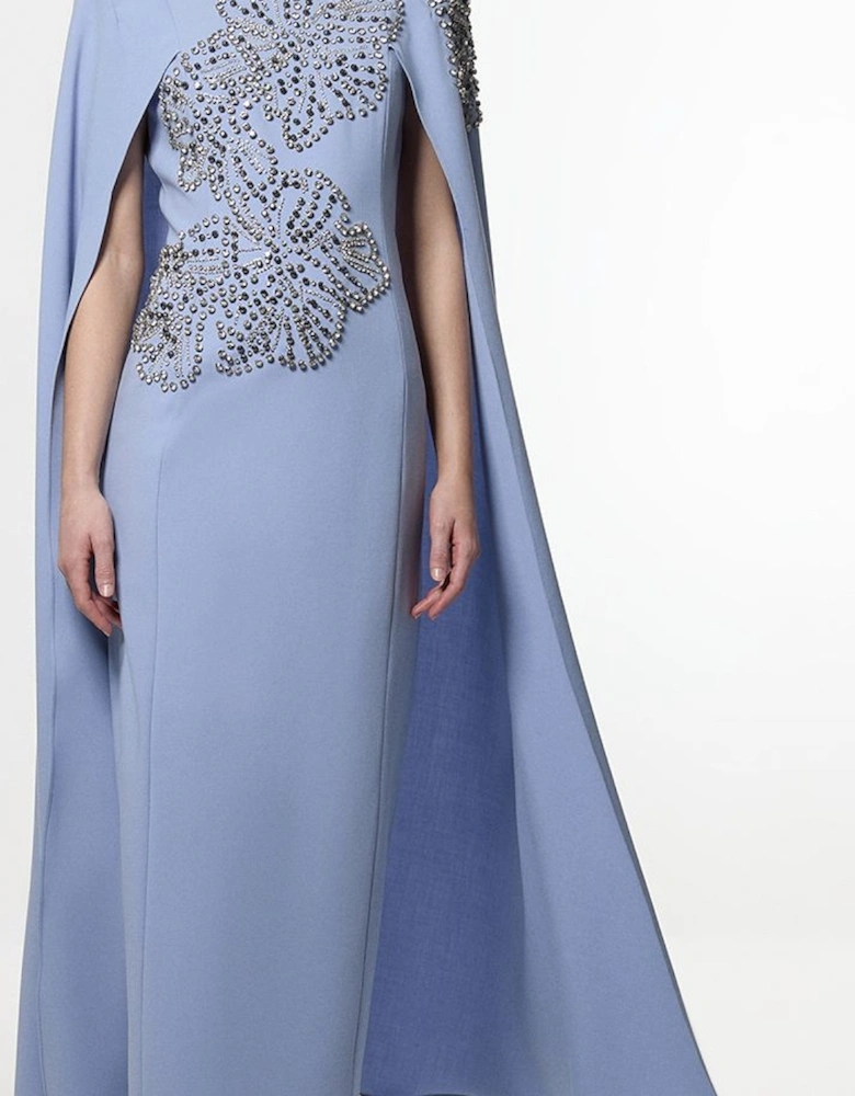 Petite Placed Floral Crystal Embellished Tailored Drama Cape Maxi Dress