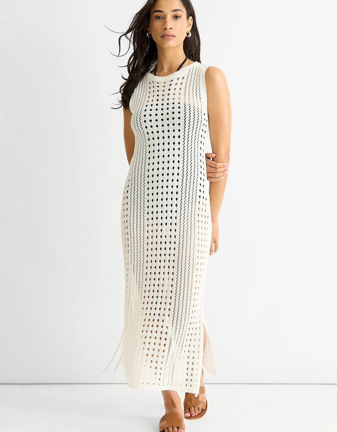 White Crochet Knit Bodycon Midi Dress, 2 of 1