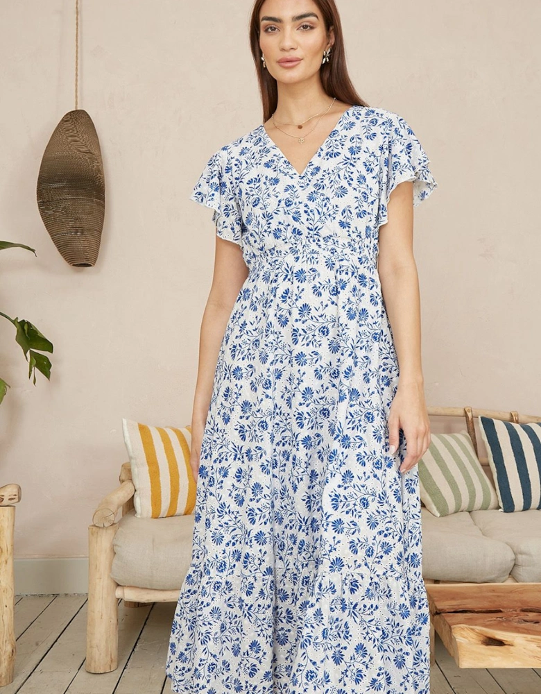 Blue Floral Printed Broderie Anglaise Ruched Waist Midi Dress