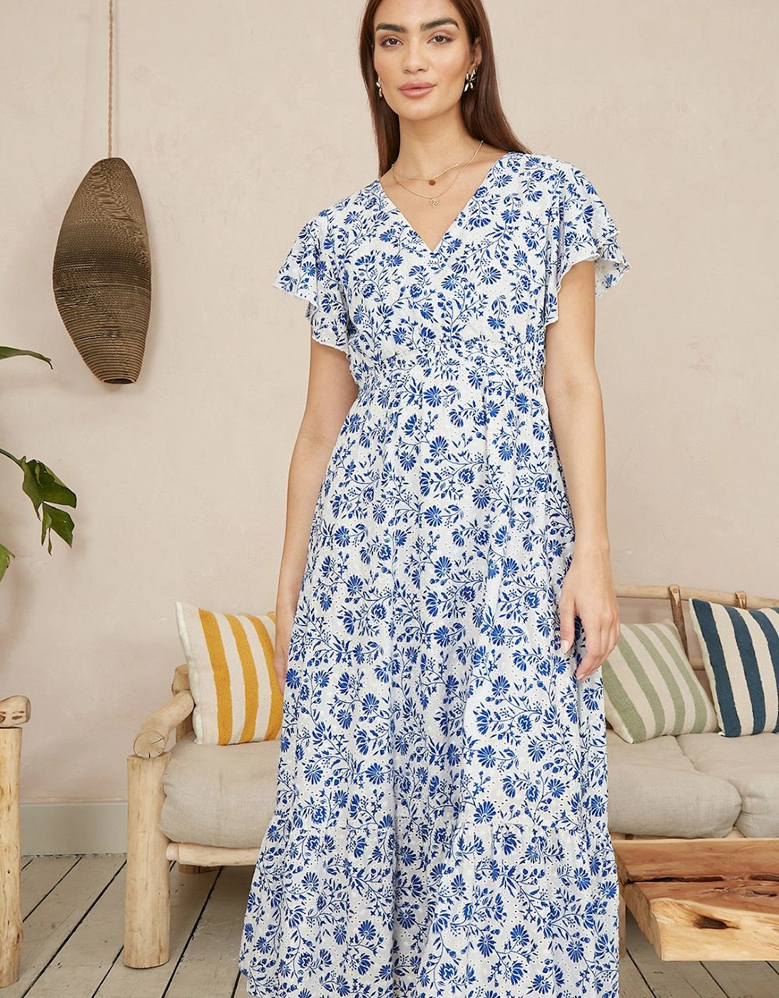 Blue Floral Printed Broderie Anglaise Ruched Waist Midi Dress, 2 of 1