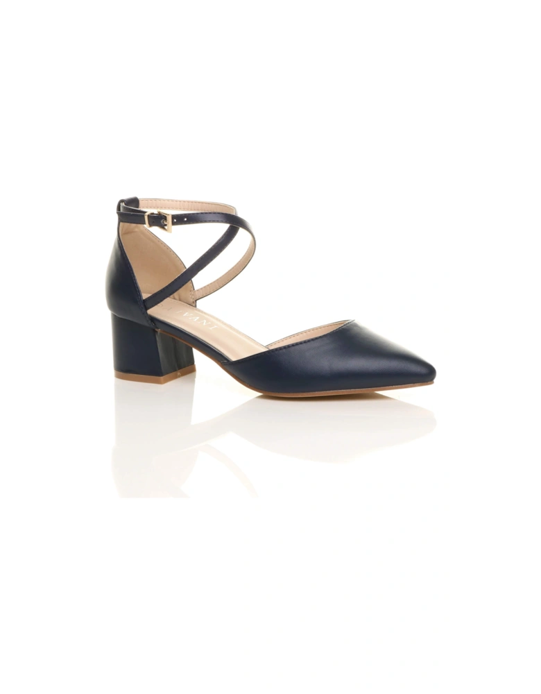 Mid Block Heel Crossed Strap Pointed Toe Faux Leather 2 Part Heels