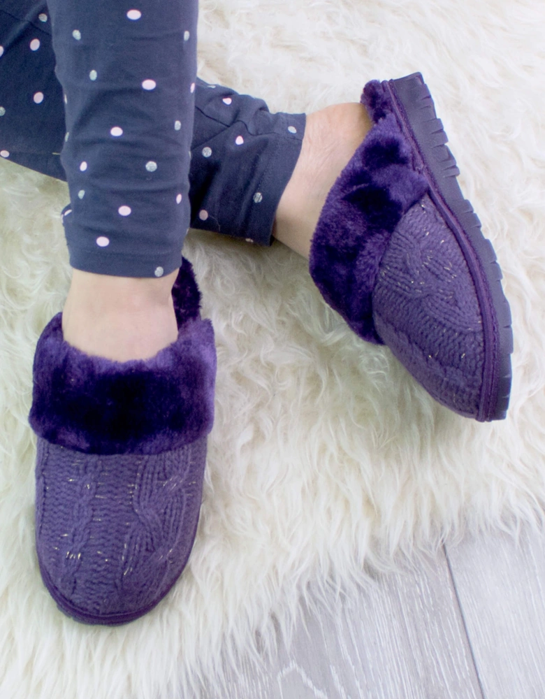 Heel Glitter Cable Knit Faux Fur Lined  Slippers