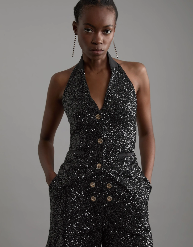Petite Sequin Halter Neck Waistcoat