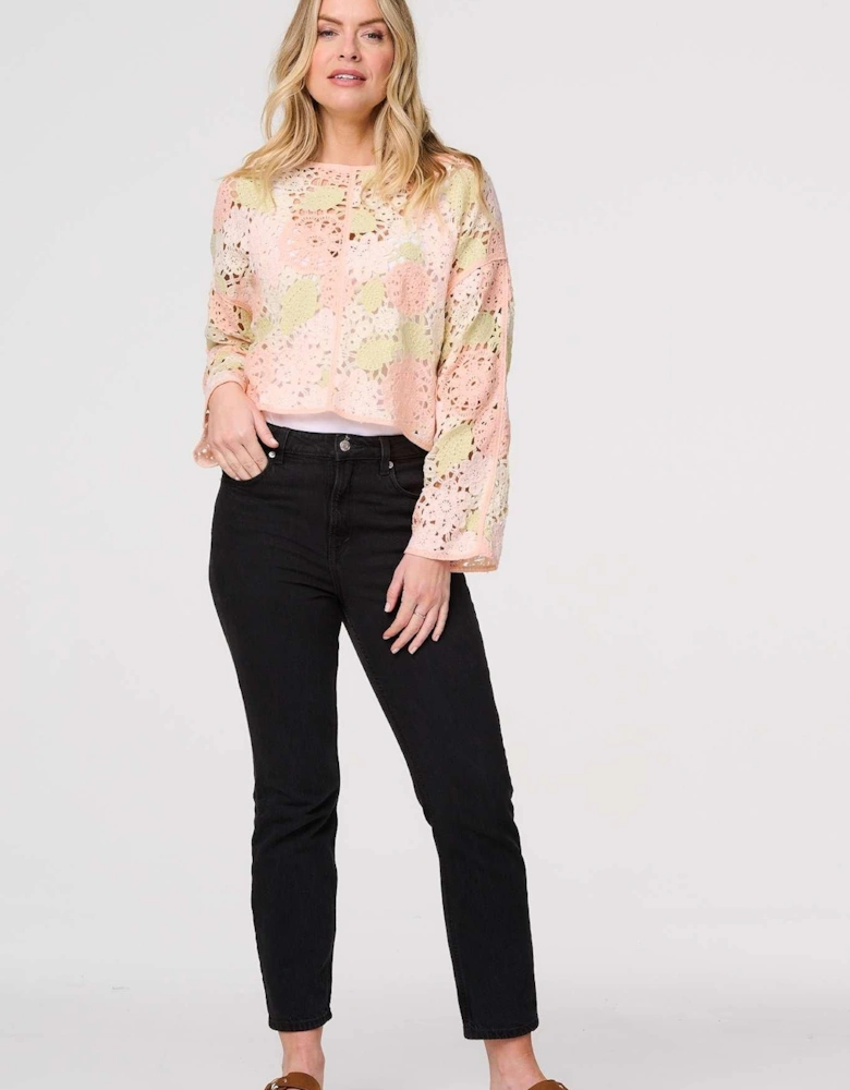 Floral Crochet Cropped Long Sleeve Top