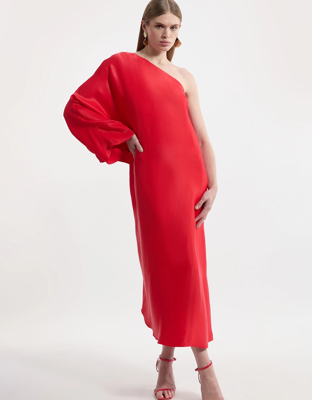 One Shoulder Draped Satin Woven Maxi Dress, 2 of 1