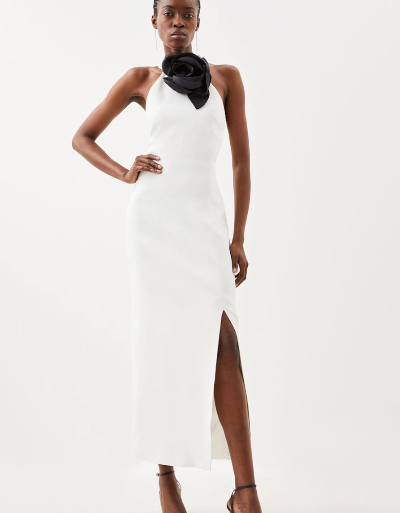 Compact Viscose Big Corsage Detail Tailored Halterneck Midaxi Dress
