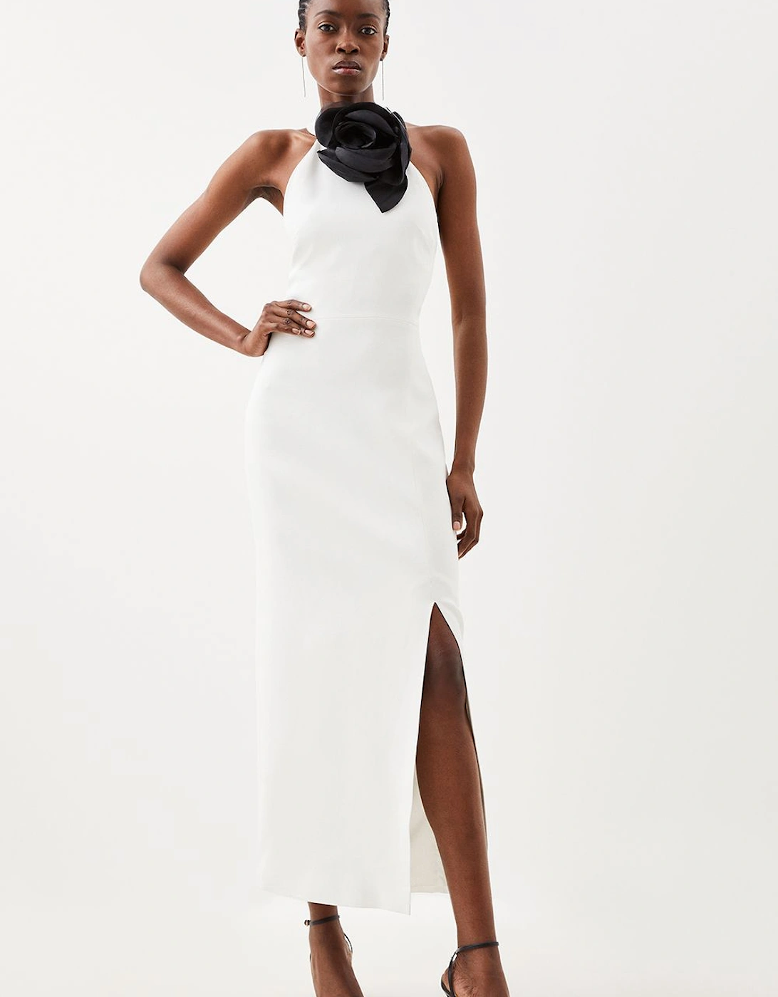 Compact Viscose Big Corsage Detail Tailored Halterneck Midaxi Dress, 2 of 1