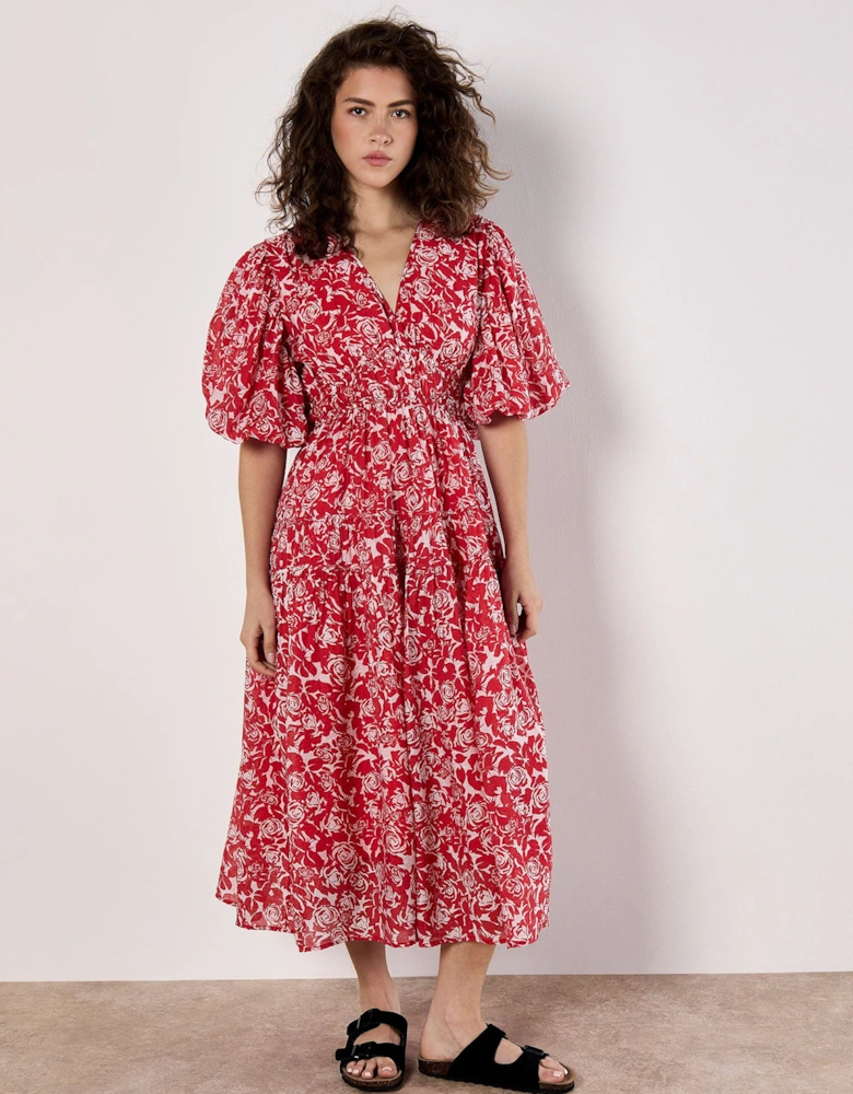 Rose Print Tiered Midi Dress