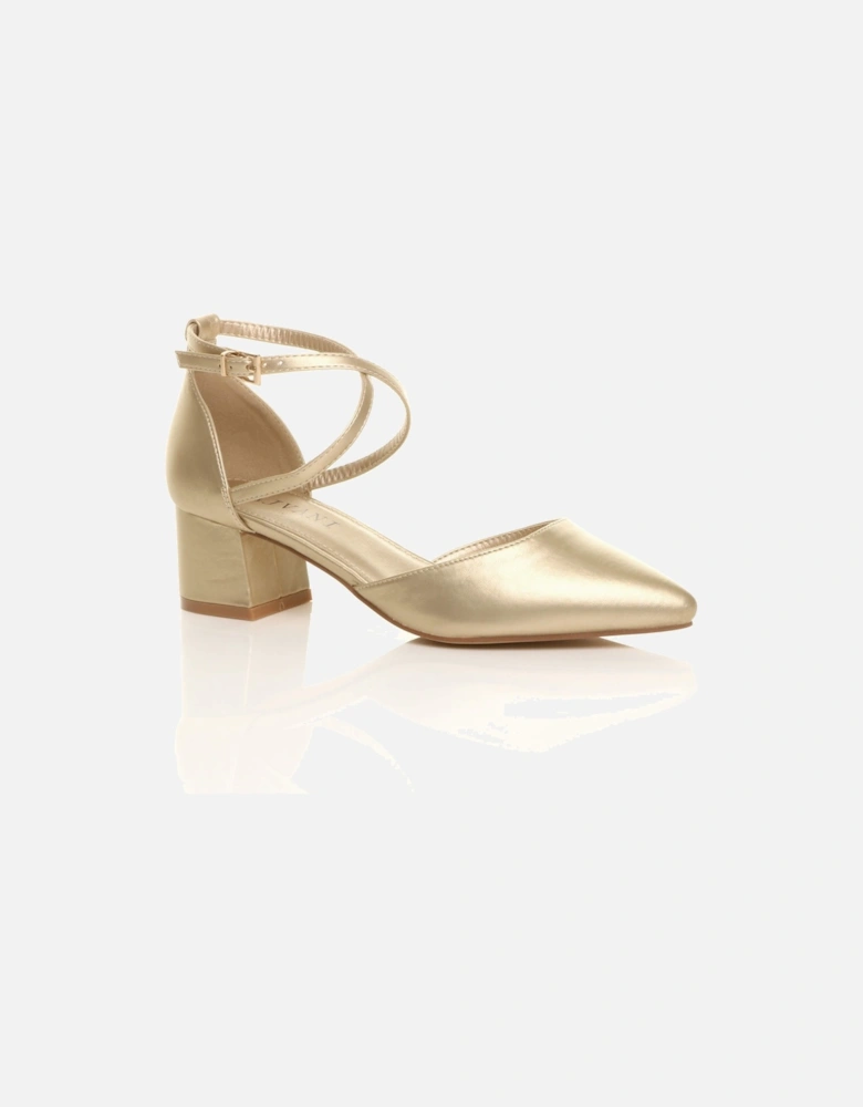 Mid Block Heel Crossed Strap Pointed Toe Faux Leather 2 Part Heels