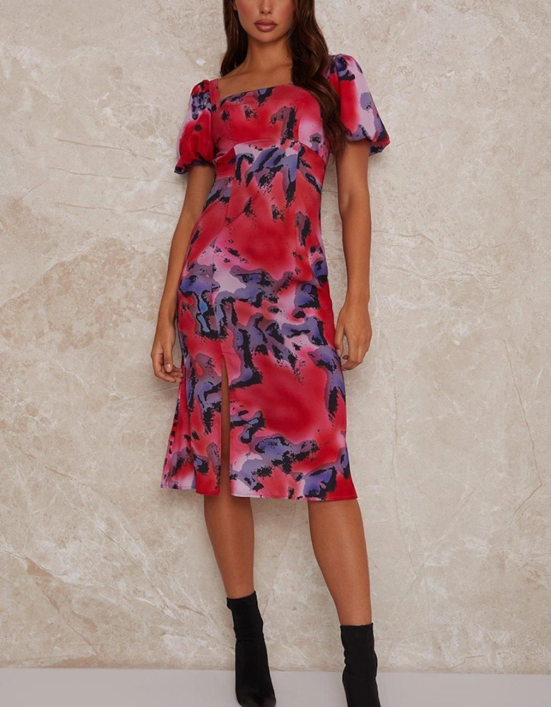 Square Neck Abstract Print Midi Dress