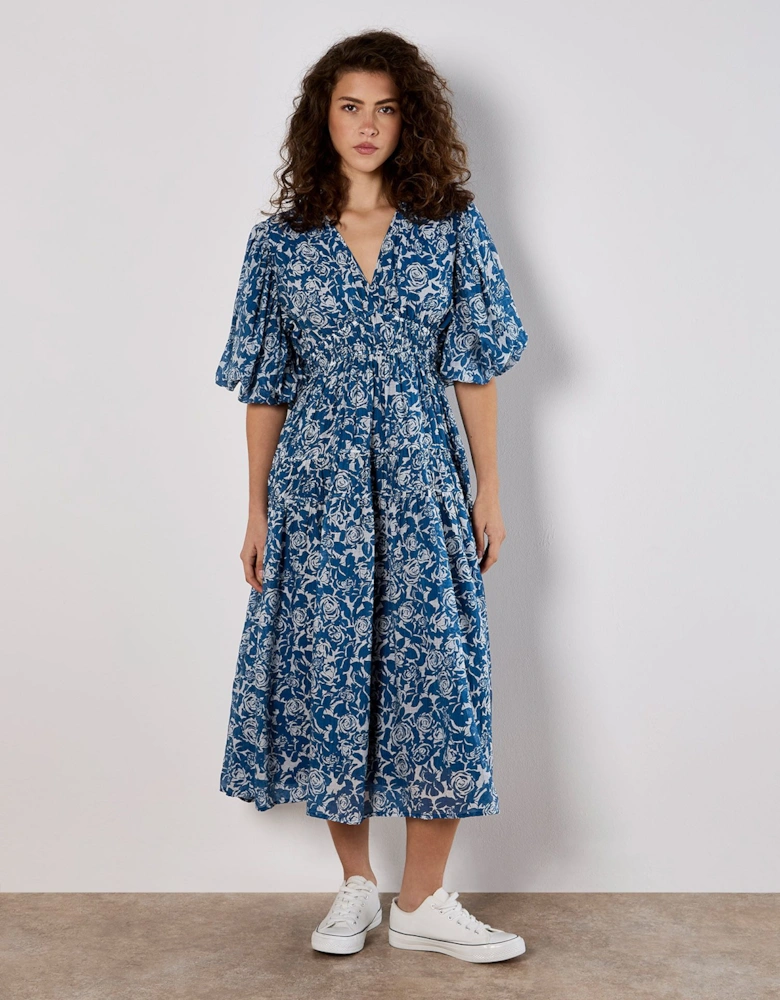 Rose Print Tiered Midi Dress