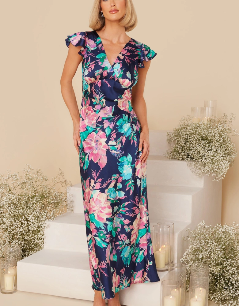 Blue Satin Floral Maxi Dress