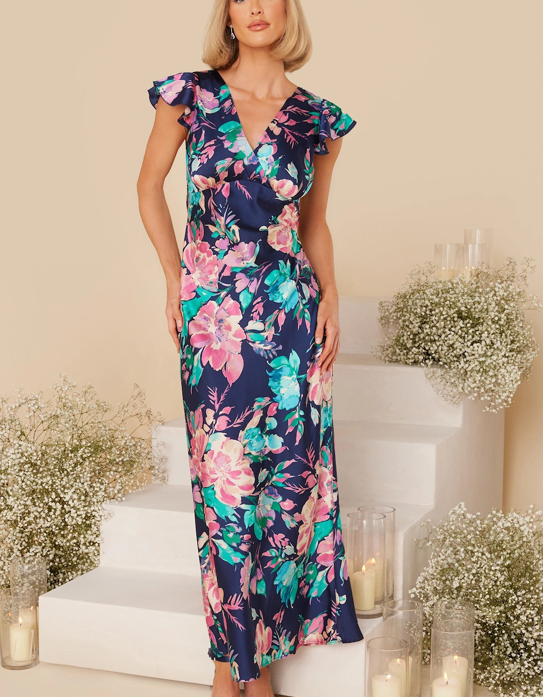Blue Satin Floral Maxi Dress, 2 of 1