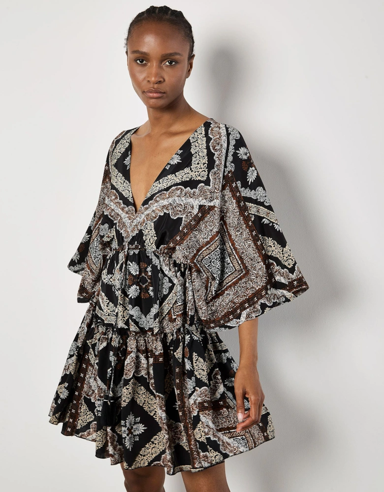 Satin Scarf Print Kaftan Mini Dress