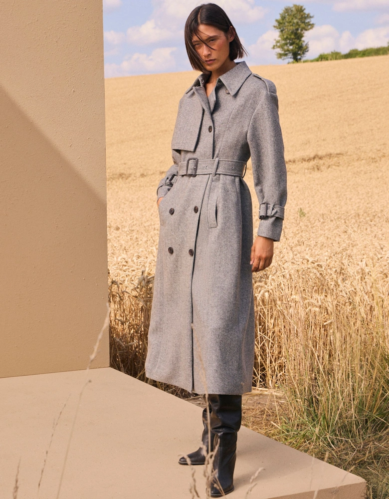 Herringbone Wool Belted Trench Tailored Maxi Coat