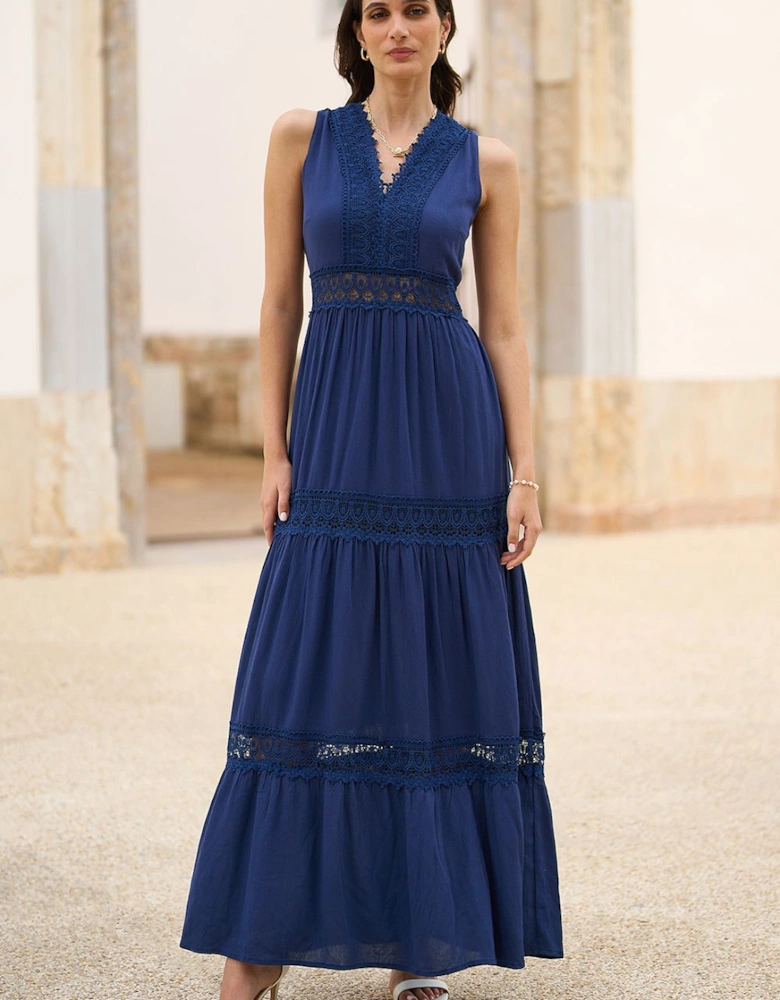 Navy Lace Trim Cotton Midi Sun Dress