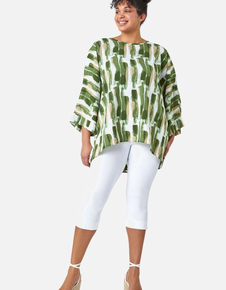 Curve Dipped Hem Abstract Print Top