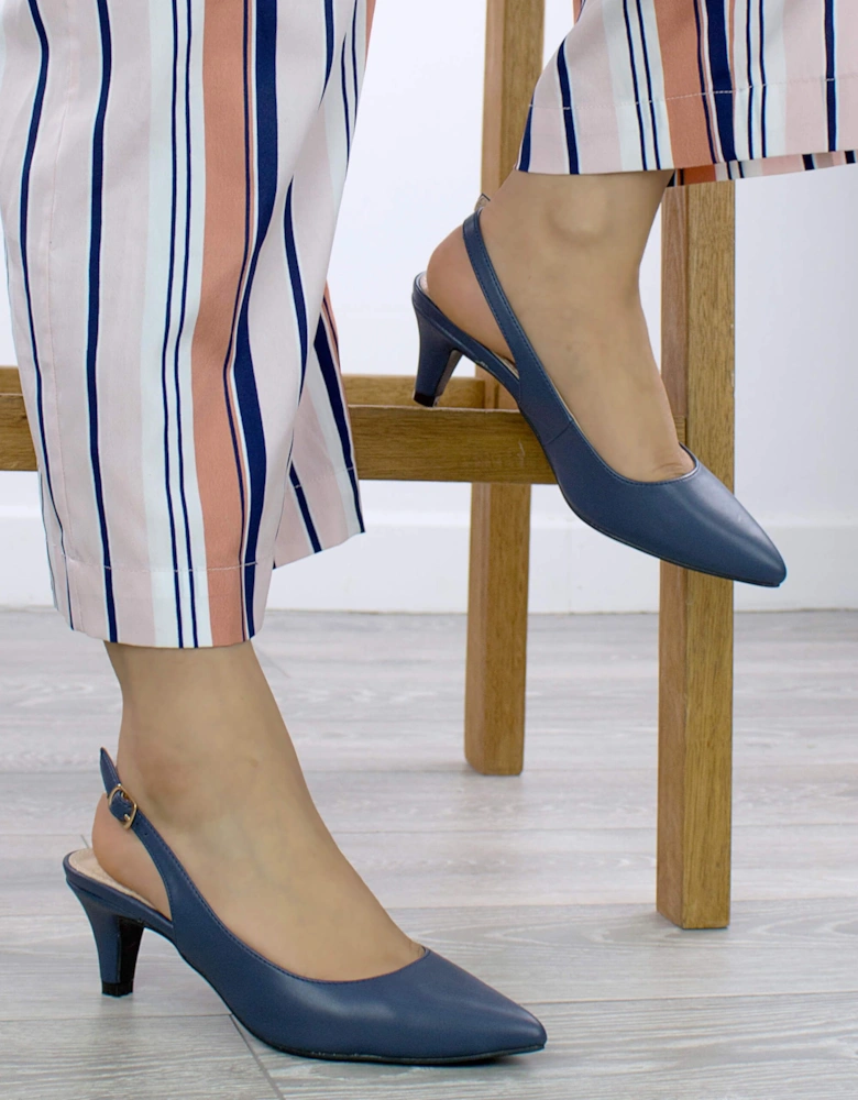 Mid Slim Heel Pointed Toe Slingback 50s Faux Leather Court Shoes