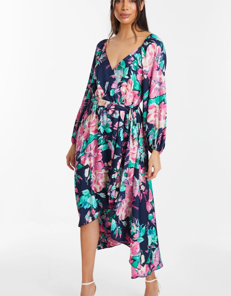 Blue Satin Floral Wrap Dip Hem Midi Dress